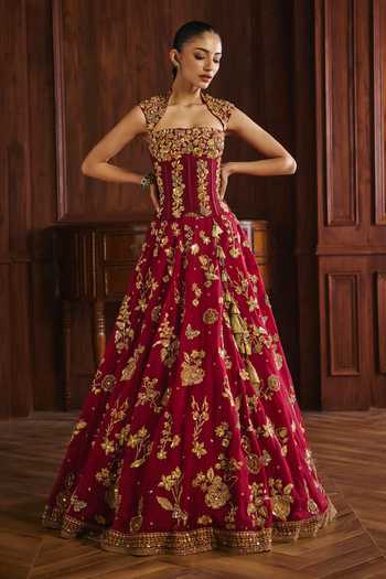Buy_Mahima Mahajan_Red Silk Organza, Chanderi Zardozi, Rukmani Embroidered Corset Lehenga Set _Online_at_Aza_Fashions