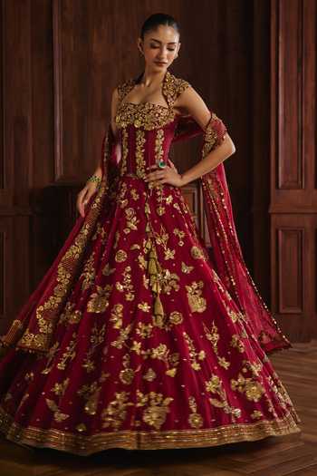 Shop_Mahima Mahajan_Red Silk Organza, Chanderi Zardozi, Rukmani Embroidered Corset Lehenga Set _Online_at_Aza_Fashions