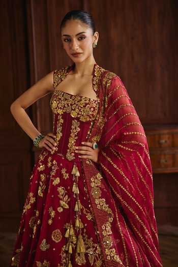 Mahima Mahajan_Red Silk Organza, Chanderi Zardozi, Rukmani Embroidered Corset Lehenga Set _at_Aza_Fashions