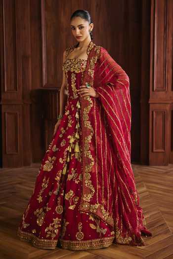 Buy_Mahima Mahajan_Red Silk Organza, Chanderi Zardozi, Rukmani Embroidered Corset Lehenga Set 