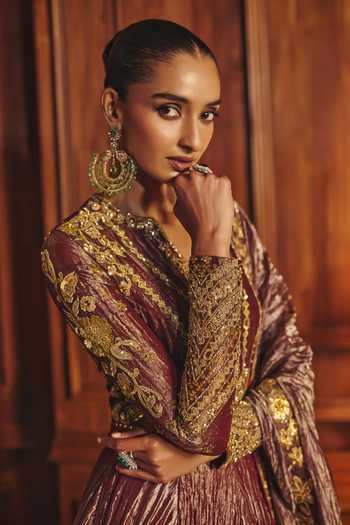 Mahima Mahajan_Red Silk, Tissue V-neck Madhubala Anarkali With Dupatta _Online_at_Aza_Fashions