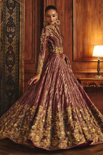 Buy_Mahima Mahajan_Red Silk, Tissue V-neck Madhubala Anarkali With Dupatta _Online_at_Aza_Fashions