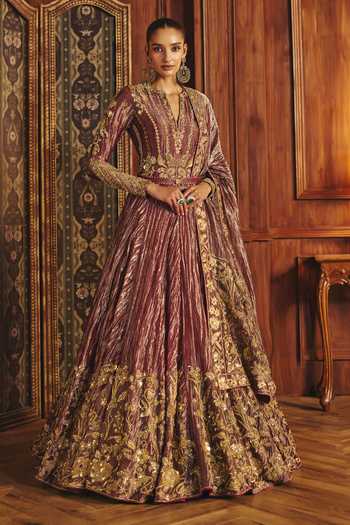 Mahima Mahajan_Red Silk, Tissue V-neck Madhubala Anarkali With Dupatta _at_Aza_Fashions