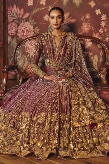 Buy_Mahima Mahajan_Red Silk, Tissue V-neck Madhubala Anarkali With Dupatta 