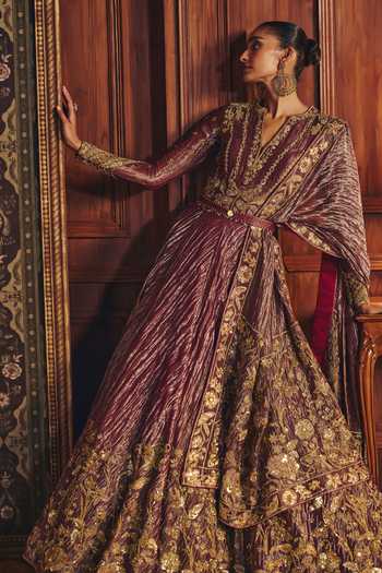 Shop_Mahima Mahajan_Red Silk, Tissue V-neck Madhubala Anarkali With Dupatta 