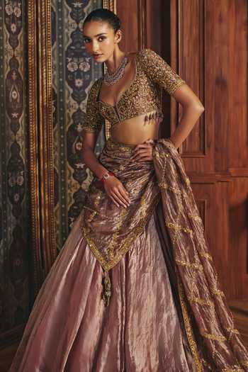 Buy_Mahima Mahajan_Pink Silk, Tissue Sweetheart Neck Sanaya Embroidered Blouse Lehenga Set _Online_at_Aza_Fashions