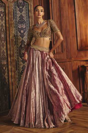 Shop_Mahima Mahajan_Pink Silk, Tissue Sweetheart Neck Sanaya Embroidered Blouse Lehenga Set _Online_at_Aza_Fashions