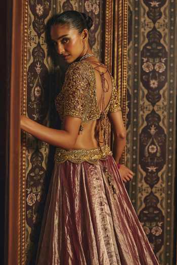 Mahima Mahajan_Pink Silk, Tissue Sweetheart Neck Sanaya Embroidered Blouse Lehenga Set _at_Aza_Fashions