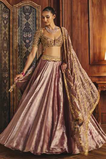 Buy_Mahima Mahajan_Pink Silk, Tissue Sweetheart Neck Sanaya Embroidered Blouse Lehenga Set 