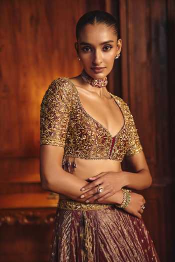 Mahima Mahajan Red Silk, Tissue Sweetheart Neck Tasneem Embroidered Lehenga Set Online at Aza Fashions Mahima Mahajan_Red Silk, Tissue Sweetheart Neck Tasneem Embroidered Lehenga Set _Online_at_Aza_Fashions