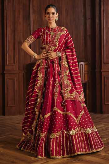 Shop_Mahima Mahajan_Red Silk, Chanderi Round Neck Pia Lehenga Set With Double Dupatta 