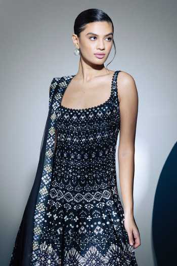 Ritika Mirchandani Black Organza, Net, Lycra Square Neck Zena Ajrakh Inspired Pattern Anarkali Set Online at Aza Fashions Ritika Mirchandani_Black Organza, Net, Lycra Square Neck Zena Ajrakh Inspired Pattern Anarkali Set _Online_at_Aza_Fashions