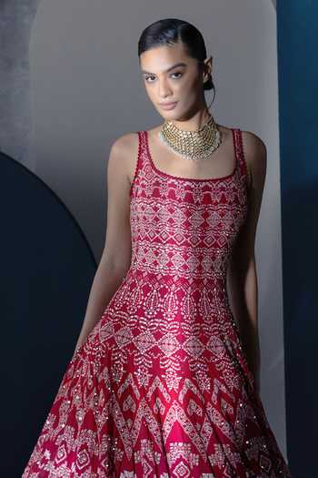 Ritika Mirchandani Red Organza, Net, Lycra Scoop Neck Zuri Ajrakh Inspired Pattern Anarkali Set Online at Aza Fashions Ritika Mirchandani_Red Organza, Net, Lycra Scoop Neck Zuri Ajrakh Inspired Pattern Anarkali Set _Online_at_Aza_Fashions