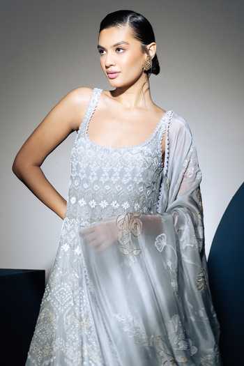 Ritika Mirchandani Grey Organza, Georgette, Crepe, Net Scoop Neck Lila Sleeveless Anarkali Set Online at Aza Fashions Ritika Mirchandani_Grey Organza, Georgette, Crepe, Net Scoop Neck Lila Sleeveless Anarkali Set _Online_at_Aza_Fashions