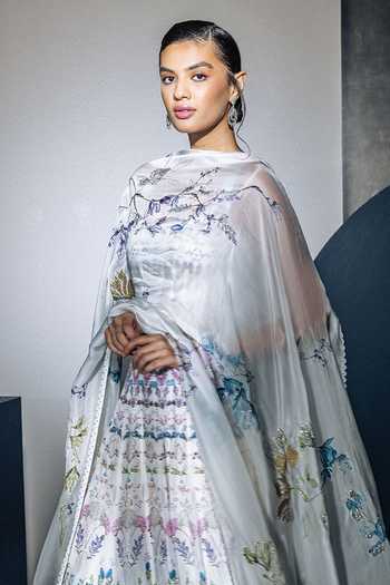 Ritika Mirchandani Ivory Organza, Net, Lycra Square Neck Eva Embroidered And Printed Anarkali Set Online at Aza Fashions Ritika Mirchandani_Ivory Organza, Net, Lycra Square Neck Eva Embroidered And Printed Anarkali Set _Online_at_Aza_Fashions