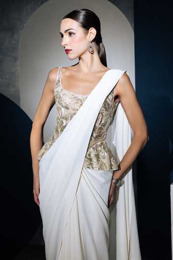 Ritika Mirchandani Ivory Crepe, Net Crystals Scoop Neck Maelle Draped Lehenga Saree With Corset Online at Aza Fashions Ritika Mirchandani_Ivory Crepe, Net Crystals Scoop Neck Maelle Draped Lehenga Saree With Corset _Online_at_Aza_Fashions