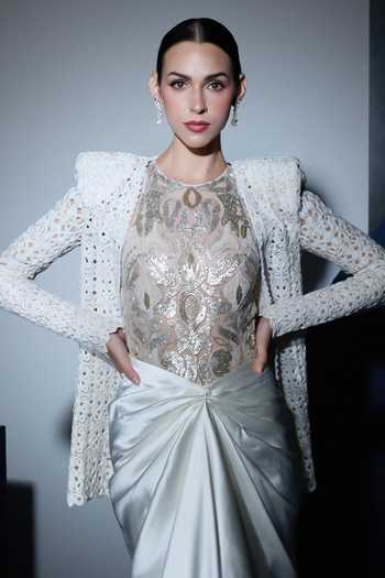Buy Ritika Mirchandani Ivory Georgette, Crepe, Net Crystals Round Neck Odette Draped Skirt And Jacket Set Online at Aza Fashions Buy_Ritika Mirchandani_Ivory Georgette, Crepe, Net Crystals Round Neck Odette Draped Skirt And Jacket Set _Online_at_Aza_Fashions