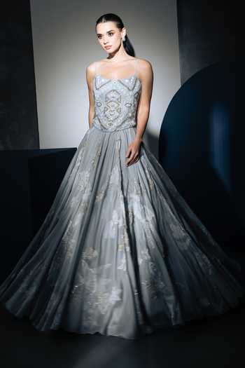 Ritika Mirchandani Grey Organza, Georgette, Crepe, Net Elara Embroidered Corset Lehenga Set Online at Aza Fashions Ritika Mirchandani_Grey Organza, Georgette, Crepe, Net Elara Embroidered Corset Lehenga Set _Online_at_Aza_Fashions