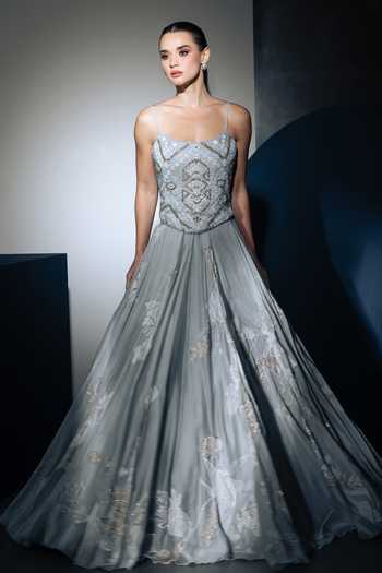 Ritika Mirchandani Grey Organza, Georgette, Crepe, Net Elara Embroidered Corset Lehenga Set at Aza Fashions Ritika Mirchandani_Grey Organza, Georgette, Crepe, Net Elara Embroidered Corset Lehenga Set _at_Aza_Fashions