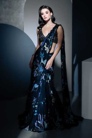 Buy Ritika Mirchandani Black Organza, Georgette, Crepe, Sable Printed And Embroidered Lehenga Saree Set Online at Aza Fashions Buy_Ritika Mirchandani_Black Organza, Georgette, Crepe, Sable Printed And Embroidered Lehenga Saree Set _Online_at_Aza_Fashions