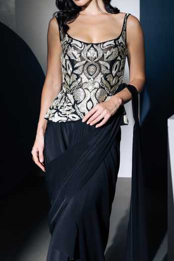 Buy Ritika Mirchandani Black Crepe, Net Crystals, Metallic Xena Draped Saree With Embroidered Corset Online at Aza Fashions Buy_Ritika Mirchandani_Black Crepe, Net Crystals, Metallic Xena Draped Saree With Embroidered Corset _Online_at_Aza_Fashions