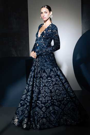 Ritika Mirchandani Blue Georgette, Crepe, Net Plunge Neck Noor Cutwork Jacket Lehenga Set Online at Aza Fashions Ritika Mirchandani_Blue Georgette, Crepe, Net Plunge Neck Noor Cutwork Jacket Lehenga Set _Online_at_Aza_Fashions