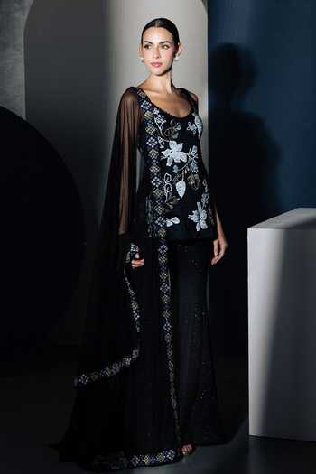 Ritika Mirchandani Black Georgette, Crepe, Net Scoop Kaia Stardust Embroidered Kurta Sharara Set Online at Aza Fashions Ritika Mirchandani_Black Georgette, Crepe, Net Scoop Kaia Stardust Embroidered Kurta Sharara Set _Online_at_Aza_Fashions