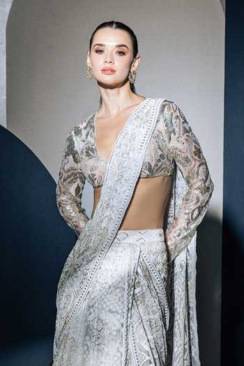 Ritika Mirchandani Gold Georgette, Crepe, Net V-neck Vionnet Lehenga Saree With Blouse Online at Aza Fashions Ritika Mirchandani_Gold Georgette, Crepe, Net V-neck Vionnet Lehenga Saree With Blouse _Online_at_Aza_Fashions