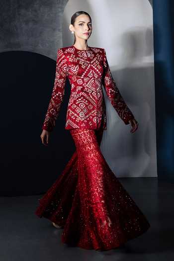 Ritika Mirchandani Red Georgette, Crepe, Net High Neck Quinn Kurta And Sharara Set Online at Aza Fashions Ritika Mirchandani_Red Georgette, Crepe, Net High Neck Quinn Kurta And Sharara Set _Online_at_Aza_Fashions