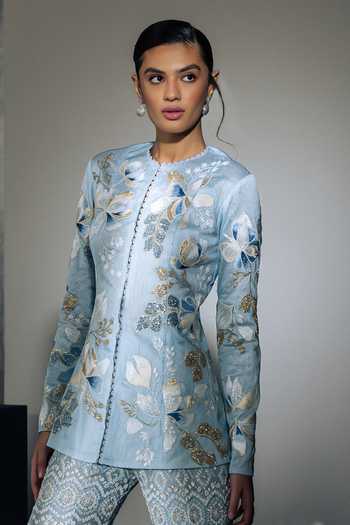 Ritika Mirchandani Blue Georgette, Crepe, Net Round Neck Aylaa Embroidered Kurta And Sharara Set Online at Aza Fashions Ritika Mirchandani_Blue Georgette, Crepe, Net Round Neck Aylaa Embroidered Kurta And Sharara Set _Online_at_Aza_Fashions