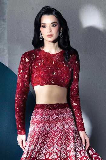 Ritika Mirchandani Red Organza, Georgette, Nola Floral Cutwork Embroidered Blouse Lehenga Set Online at Aza Fashions Ritika Mirchandani_Red Organza, Georgette, Nola Floral Cutwork Embroidered Blouse Lehenga Set _Online_at_Aza_Fashions