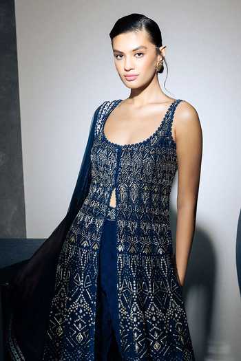 Ritika Mirchandani Blue Georgette, Crepe, Net Embroidery, Seren Front Slit Anarkali Palazzo Set Online at Aza Fashions Ritika Mirchandani_Blue Georgette, Crepe, Net Embroidery, Seren Front Slit Anarkali Palazzo Set _Online_at_Aza_Fashions