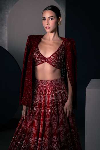 Ritika Mirchandani Red Georgette, Crepe, Net Plunge Neck Sage Cutwork Jacket Lehenga Set Online at Aza Fashions Ritika Mirchandani_Red Georgette, Crepe, Net Plunge Neck Sage Cutwork Jacket Lehenga Set _Online_at_Aza_Fashions