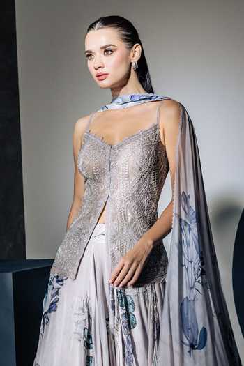 Ritika Mirchandani_Grey Organza, Georgette, Crepe, Net Amani Printed And Embroidered Skirt Set _Online_at_Aza_Fashions