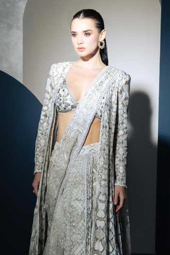 Ritika Mirchandani Ivory Georgette, Crepe, Net Plunge Crown Hexagon Long Jacket And Lehenga Saree Set Online at Aza Fashions Ritika Mirchandani_Ivory Georgette, Crepe, Net Plunge Crown Hexagon Long Jacket And Lehenga Saree Set _Online_at_Aza_Fashions