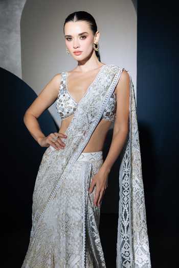 Buy Ritika Mirchandani Ivory Georgette, Crepe, Net Plunge Crown Hexagon Long Jacket And Lehenga Saree Set Online at Aza Fashions Buy_Ritika Mirchandani_Ivory Georgette, Crepe, Net Plunge Crown Hexagon Long Jacket And Lehenga Saree Set _Online_at_Aza_Fashions