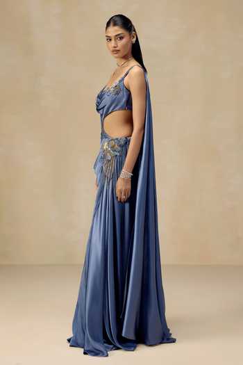 Rinessa Blue Satin Sequins, Tassels, Chains Cowl Neck Cut-out Draped Gown Online at Aza Fashions Rinessa_Blue Satin Sequins, Tassels, Chains Cowl Neck Cut-out Draped Gown _Online_at_Aza_Fashions