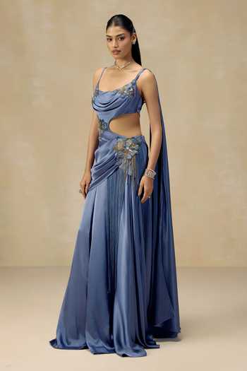 Buy Rinessa Blue Satin Sequins, Tassels, Chains Cowl Neck Cut-out Draped Gown Online at Aza Fashions Buy_Rinessa_Blue Satin Sequins, Tassels, Chains Cowl Neck Cut-out Draped Gown _Online_at_Aza_Fashions