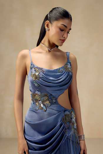 Shop Rinessa Blue Satin Sequins, Tassels, Chains Cowl Neck Cut-out Draped Gown Online at Aza Fashions Shop_Rinessa_Blue Satin Sequins, Tassels, Chains Cowl Neck Cut-out Draped Gown _Online_at_Aza_Fashions