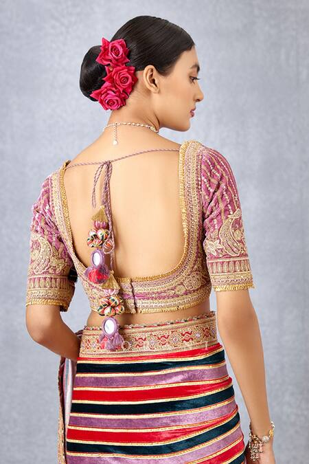 Shop_Torani_Pink Velvet And Crepe Digital Print, Gota Patti & Ruzava Mridula Blouse _Online_at_Aza_Fashions