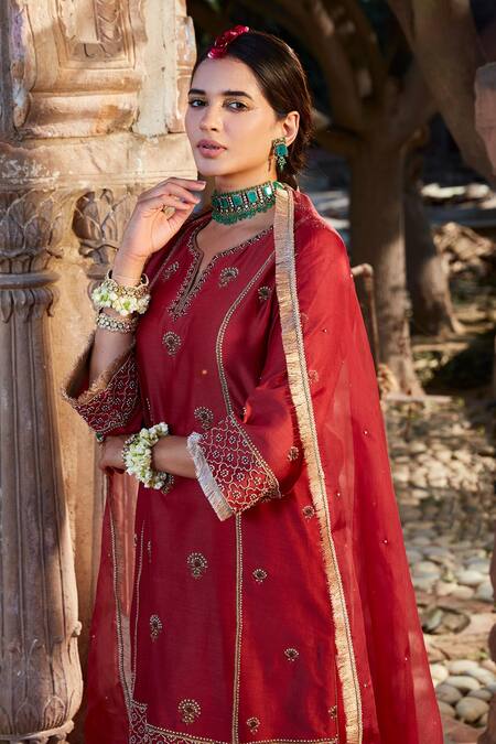 Shop_Kritika Dawar_Maroon Chanderi, Organza Beads, Pearls, Zari Dori Embroidered Kurta Pant Set _Online_at_Aza_Fashions