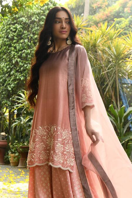 Rekha Agra_Pink Organza, Chanderi, Modal Round Embroidered Kurta Set _Online_at_Aza_Fashions