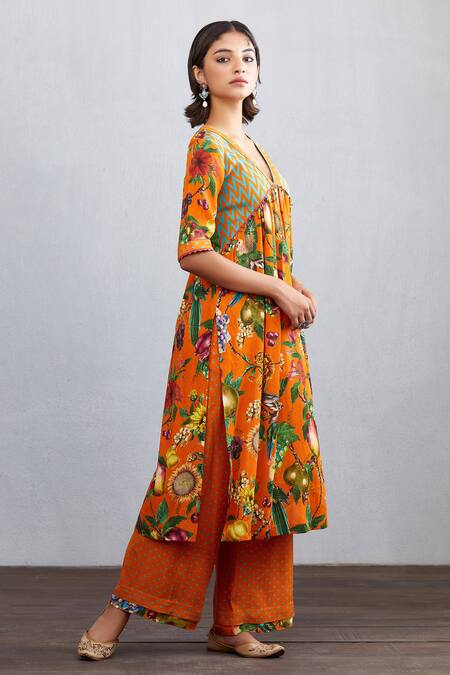 Torani Orange Kurta Viscose Crepe Pants Cotton Silk V Neck Santree Nimrat And Set Online at Aza Fashions Torani_Orange Kurta Viscose Crepe Pants Cotton Silk V Neck Santree Nimrat And Set_Online_at_Aza_Fashions