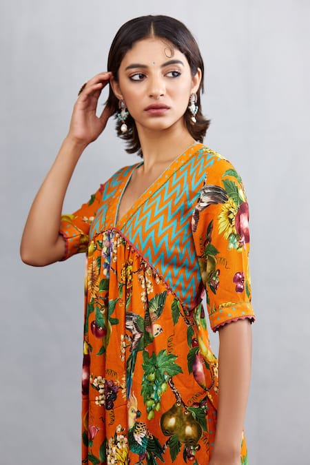 Buy Torani Orange Kurta Viscose Crepe Pants Cotton Silk V Neck Santree Nimrat And Set Online at Aza Fashions Buy_Torani_Orange Kurta Viscose Crepe Pants Cotton Silk V Neck Santree Nimrat And Set_Online_at_Aza_Fashions