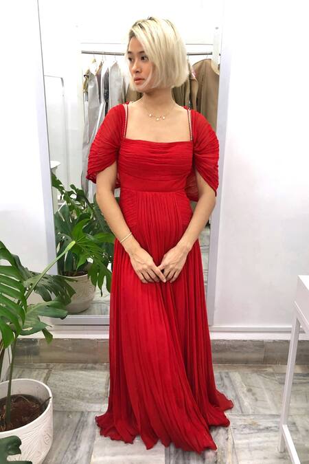 Maiti Shahani_Red Viscose Georgette Pearl Work Square Neck Cape Sleeve Gown _Online_at_Aza_Fashions