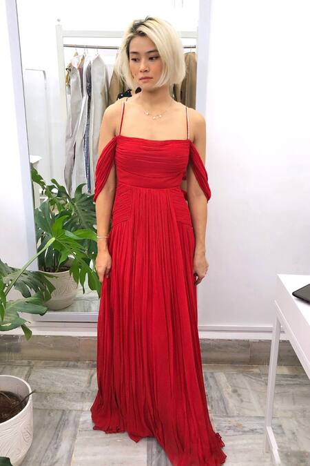 Buy_Maiti Shahani_Red Viscose Georgette Pearl Work Square Neck Cape Sleeve Gown _Online_at_Aza_Fashions