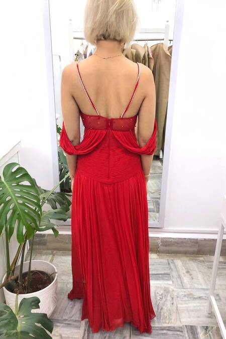 Shop_Maiti Shahani_Red Viscose Georgette Pearl Work Square Neck Cape Sleeve Gown _Online_at_Aza_Fashions