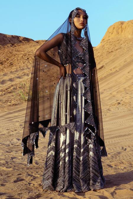 Shop Karishma Khanduja Bareilly Black Net, Tussar V Neck Hand Embroidered Lehenga Set at Aza Fashions Shop_Karishma Khanduja Bareilly_Black Net, Tussar V Neck Hand Embroidered Lehenga Set_at_Aza_Fashions