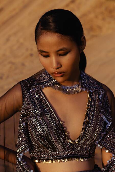 Karishma Khanduja Bareilly Black Net, Tussar V Neck Hand Embroidered Lehenga Set Online at Aza Fashions Karishma Khanduja Bareilly_Black Net, Tussar V Neck Hand Embroidered Lehenga Set_Online_at_Aza_Fashions