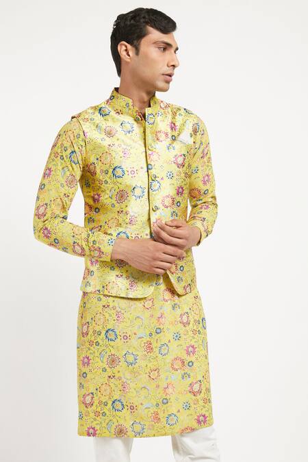 Shop_Rabani & Rakha_Yellow Kurta Crepe Bundi Dupion Pant Cotton Silk Floral Print Set _Online_at_Aza_Fashions